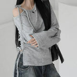 KYLETHOMASW  -  Slant shoulder lace up drawstring long sleeved T-shirt for spicy girls, waist cinching, pleating, side slit versatile top