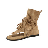 KYLETHOMASW  -  New Women's Flat Bottom Tassel Tie Sandals Retro Toe-Strap Short Boots Versatile Cross Buckle Ankle Boots Sporty Style