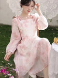 KYLETHOMASW  -  Elegant Party Long Dresses Spring Fairycore Dress Pink Bow Lace-up French Style Square Neck Fairy Dresses Female Cloting New