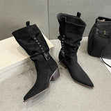 KYLETHOMASW  -  Fashion Faux Suede Rivet Strap Buckle Women Mid-calf Boots Autumn Winter Retro Chunky High heels Western Cowboy Punk Booties