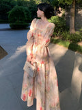 KYLETHOMASW  -  French Printed Floral Midi Long Dress Women Autumn Square Collar Lantern Sleeve Lace-up Midi Vestidos Elegant One Piece Clothing