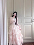 KYLETHOMASW  -  French Sweet Kawaii Pink Polka Dot Lace Bow Tiered Cami Maxi Dress For Women Girls High Waist Princess Vacation Party Daily Wear