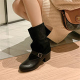 KYLETHOMASW  -  New Mid Heels Chelsea Boots Women Round Toe Square Heel Short Boots Female Autumn Cow Suede Mid-Calf Boots Woman