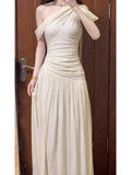 KYLETHOMASW  -  Elegant White One-Shoulder Dress Women's Summer New Beach Vacation High Waist Long Dress French Style Short Sleeve City