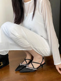 KYLETHOMASW  -  Spring CRYSTAL Pointed Toe Narrow Band Woman Pumps Sandals Elegant Thin Low Heels Slingbacks  Buckle Strap Female Shoes