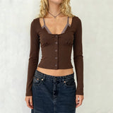 KYLETHOMASW  -  y2k sexy lace patchwork fake two piece o neck long sleeve single breasted knitted slim tops