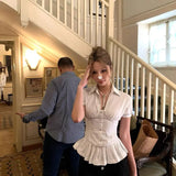 KYLETHOMASW  -  Women Striped Cinched Waist Peplum Shirt Puff Short Sleeve V Neck Button Down Vintage Office Lady Y2K Elegant Casual Blouse Top