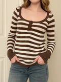 KYLETHOMASW  -  Sweet Slim Casual U Neck Long Sleeve Striped Contrast Color Pullover Knitted Pullovers