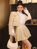 KYLETHOMASW  -  Small Fragrance Autumn Winter Beading Tweed Pearls Short Jacket Coat + Mini Pleated Skirt Suit Two Piece Sets Womens Outifits