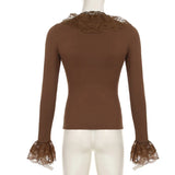 KYLETHOMASW  -  Socialite temperament retro brown V-neck lace ruffle slim fit long sleeved autumn slimming top with flared sleeves inside