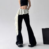 KYLETHOMASW  -  Lace Patchwork Lace Up Pants for Women 2205 New Slim Fit Fake Two Piece Flare Pants Y2k High Waist Black Straight Trousers