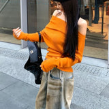Kylethomasw Vintage Backless Pleated Orange Casual Long Sleeve Women Autumn New Streetwear Sexy Slim All Match Knitted Tops