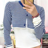 KYLETHOMASW  -  Autumn Fake Two Pieces Tshirts Stripe Patchwork Y2k Aesthetic Single Breasted T-shirt Women Grunge Slim Fit Harajuku Tees