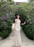 KYLETHOMASW  -  Elegant Summer Long Dress New Lace Fish Tail Goddess Style Holiday Floral Print Slimming Women's Fashion Ankle-length Sleeveless