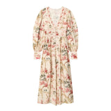 KYLETHOMASW  -  Spring Puff Long Sleeve Party Dresses for Women Robe Vintage Cotton Rayon Floral Print V Neck Dress Front Buckle Up Vestidos