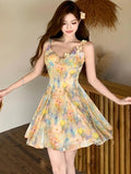 KYLETHOMASW  -  New Floral Chic Bow Square Collar Sling Short Dress Women Elegant Casual A-Line Dress Summer Korean Bodycon Kawaii Dresses
