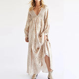 Kylethomasw Sexy Lace-up Backless Boho Long Dress Women Spring V-neck High Waist Loose Maxi Dress Autumn Long Sleeve Print Party Dress Mujer