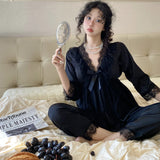 KYLETHOMASW  -  Spring Autumn New Sexy Women Pajamas Pure Desire Wind Ice Silk Lace Lace Bow Mesh Pajama Home Set