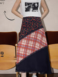 KYLETHOMASW  -  Autumn American Thin Skirt Vintage Plaid Floral Splicing Skirts for Woman A-line Skirt Harajuku Fashion Ropa De Mujer