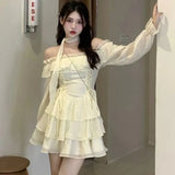 KYLETHOMASW  -  Elegant Mini Dresses Woman Solid Off Shoulder Ruffles A-line Long Sleeve Lace-up Short Party Dress Korean Fashion One Piece New