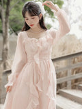 KYLETHOMASW  -  Vintage Pink Fairy Party Midi Dress Women Korean Style Sweet Vestidos Female Bubble Sleeve Elegant Evening Party Robe Autumn New