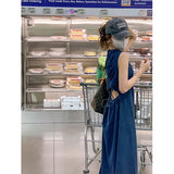 KYLETHOMASW  -  Denim Midi Dress Women Hollow Out A Line Dresses Streetwear Sleeveless Backless Sundress Korean Lace Up Casual Vestidos