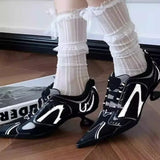 KYLETHOMASW  -  Low Heels Pointed Toe Shoes Women Lace Up Sports Style High Heels Ladies Colorblock Versatile Breathable Mesh Strappy Pumps