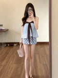 KYLETHOMASW  -  Summer Sweet Korean Style Polka Dot Halter Neck Short Skirt Set Women's Fashion Ensemble High Waist  Knot Design