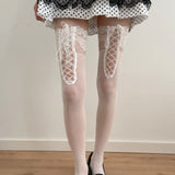 KYLETHOMASW  -  New Arrival Lace Jacquard Women Over Knee Socks Vintage French Elegant Cross Tie Thigh High Socks Lolita Dating Daily Stockings