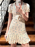 KYLETHOMASW  -  Petite Polo Neck Floral Dress French Sweetheart Smocked Waist Mini Summer 2025 Slim Fit Short Sleeve