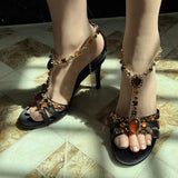 KYLETHOMASW  -  Bohemian Style Fashion Gem Ankle Strap Sandals Women Silk Open Toe Gladiator High Heels Wedding Prom Shoes Zapatos Mujer