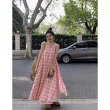 KYLETHOMASW  -  Pink Checkered Sleeveless Dress Women Summer 2025 New Vacation Style Cinched Waist Slimming Round Neck Vest Dresses