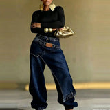 KYLETHOMASW  -  Women Creative Jeans New Arrival Layering Streetwear Denim Pants Solid Color Wide Leg Long Denim Trousers Loose Fit Jeans