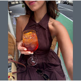 KYLETHOMASW  -  Women Waist Cinching A-line Dressess Casual Laple Single Breasted Pockets Belt Long Dress Female Summer Lady Evening Party Gown