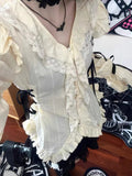 Kylethomasw Y2k Aesthetic Lace Shirt E-girl Ruffle Irregular Goth Embroidery Blouses with Bow Fairycore Grunge Lolita Style Clothes