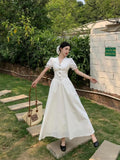 KYLETHOMASW  -  Summer French Style Dress for Women V Neck Short Sleeve Lace Trim Slim Fit Waist A Line Long Dress Elegant Flattering Design
