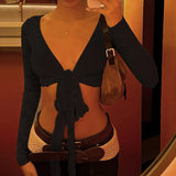 KYLETHOMASW  -  Ins niche design irregular deep V-knot tied long sleeved cover shirt solid color basic versatile temperament short cardigan