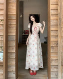 KYLETHOMASW  -  Women's Floral Print Chiffon Maxi Dress Puff Sleeve Square Neck Ruffle Trim Tie Front Long Dress for Summer