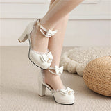 KYLETHOMASW  -   Ankle Strap Two-Piece Lolita Pump Round Toe Platform Kawaii Thick High Heel Bow Buckle Bead Ladies Cosplay Shoes Autumn