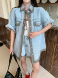 KYLETHOMASW  -  Casual Denim Suit Women's Summer Turn-down Collar Short-sleeved Shirt High Waisted Shorts Two-piece Set Fashion Female Clothes