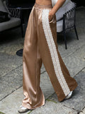 KYLETHOMASW  -  Women Satin Silk Lace Trim Pants Y2k High Street Elastic Waist Wide Leg Pj Lounge Boxer Bottoms Trendy Causal Trousers