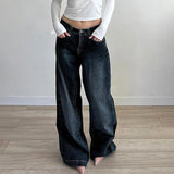 KYLETHOMASW  -  Women's Dark Blue Relaxed Fit Jeans Y2K Retro Low Waist Straight Denim Pants 90S Street Style Loose Trousers Korean Versatile