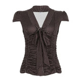 KYLETHOMASW  -  American style light mature V-neck lace up pleated slim fit shoulder T-shirt new polka dot short sleeved top