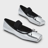 KYLETHOMASW  -  sweet pink silk flat shoes woman square toe bowtie ballet flats silver leather mary janes shoes elastic band moccasions women
