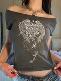 KYLETHOMASW  -  American street one shoulder wing printed short sleeved crop top T-shirt, spicy girl slim fit versatile casual top