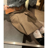KYLETHOMASW  -  Korean Plaid Contrast Color Casual Mid-length Skirt Women Autumn New High Street Fashion All-match Pleated A-line Skirt