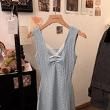 KYLETHOMASW  -  French Style Knit Cami Dress with Lace V-Neck Bow Detail Bodycon Mini Dress