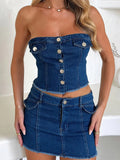 KYLETHOMASW  -  Retro Women Strapless Tops Short Dress Denim 2 Piece Suits Backless Fringes Hem Tops Low Rise Tassel Skirts Outfits Vintage Sets
