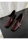 KYLETHOMASW  -  Elegant Burgundy Square Toe Loafers Women Fashion Metal Buckle Stitching Designer Shoes Comfortable Commuting Flat Office Shoes