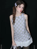 Kylethomasw Vintage Plaid Tank Top Women Lace Patchwork Fake Two Pieces Design Y2k Tops Summer Lace Up Collar Cutecore Girl Clothing